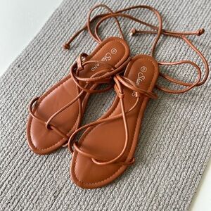 Shoeland Cognac Tan Brown Minimalist Strappy Ankle Wrap Sandals Size 9